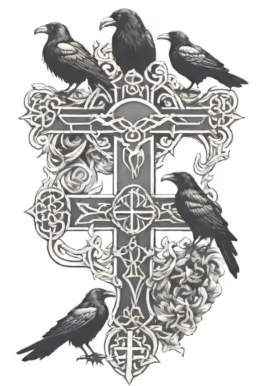 crow family crest with 2 large crows and 4 small crows with celtic cross tattoo design idea