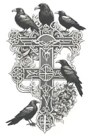crow family crest with 2 large crows and 4 small crows with celtic cross tattoo design idea