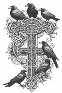 crow family crest with 2 large crows and 4 small crows with celtic cross tattoo design idea
