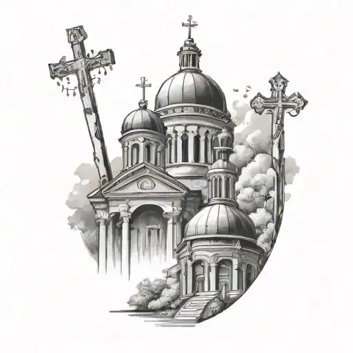 domes of churches, near the miraculous cross with icons, bells, near the house by the stream tattoo design idea