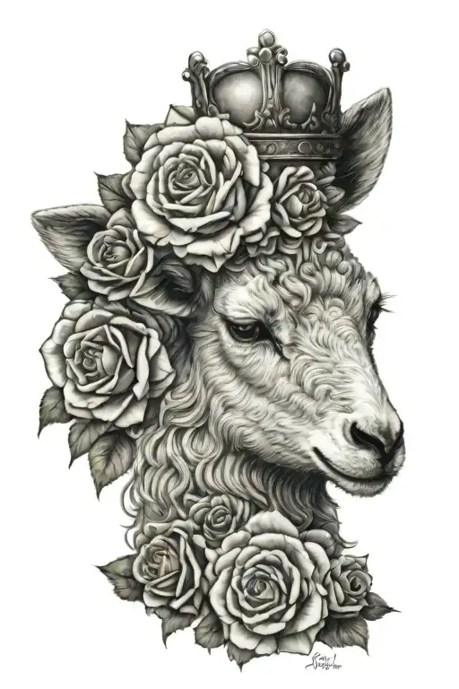 serene lamb with an oversized crown, intricate details, and micro-realistic roses at the bottom. tattoo design idea