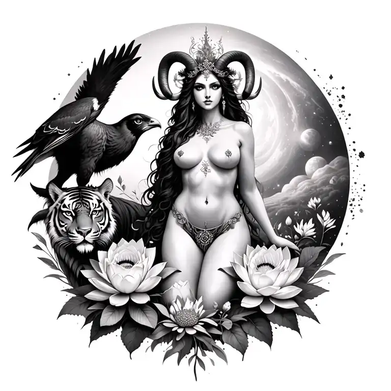 sexy aries goddess surrounded by lotus and peony flowers growing with a hawk and a tiger with mars galaxy landscape  tattoo design idea