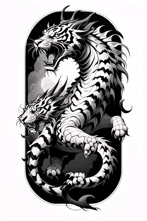 A dynamic Irezumi-style of a fierce tiger climbing upward, seamlessly transitioning into a majestic dragon tattoo design idea
