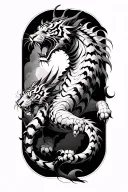 A dynamic Irezumi-style of a fierce tiger climbing upward, seamlessly transitioning into a majestic dragon tattoo design idea
