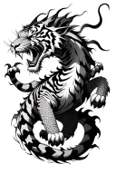 A dynamic Irezumi-style of a fierce tiger climbing upward, seamlessly transitioning into a majestic dragon tattoo design idea