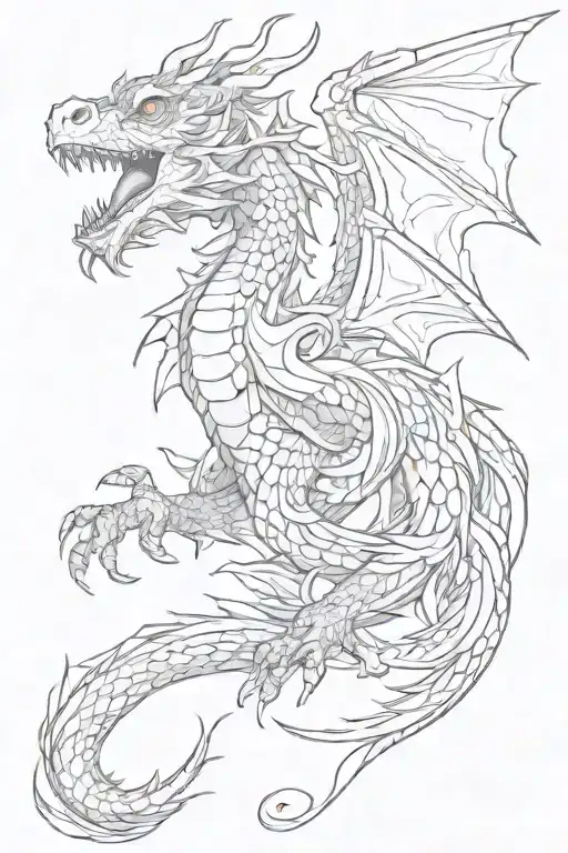 dragon flying, ethereal like ornements floraux fins tattoo design idea