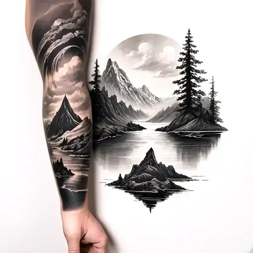    A highly detailed, realistic black and grey tattoo on the right forearm, showcasing a breathtaking landscape. Majesti tattoo design idea