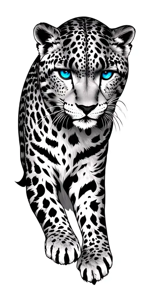 snow leopard with blue eyes on shoulder tattoo design idea