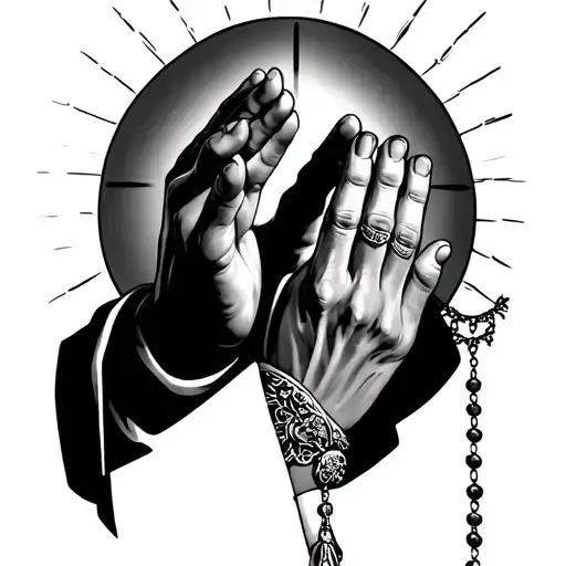 praying hands with the rosary with a halo tattoo design idea