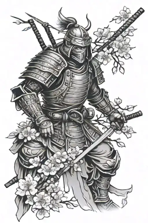 armored ronin and scattered cherry blossom branches tattoo design idea
