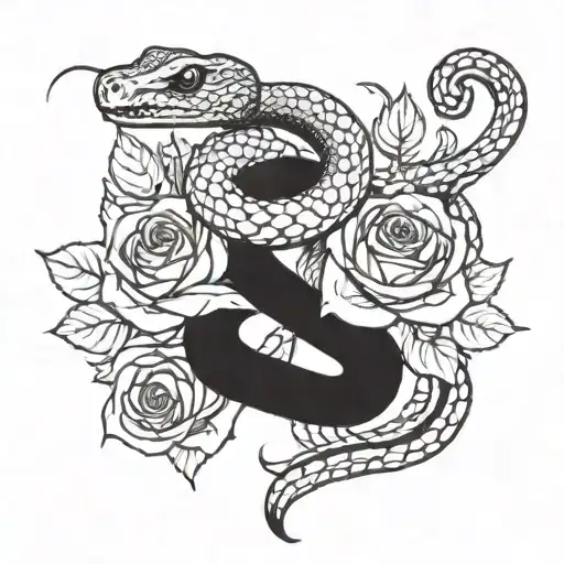 snake, roses and flames around tattoo design idea