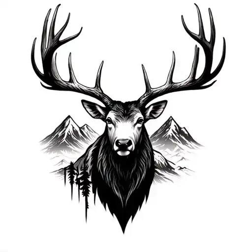 elk all black head antler mountain  tattoo design idea