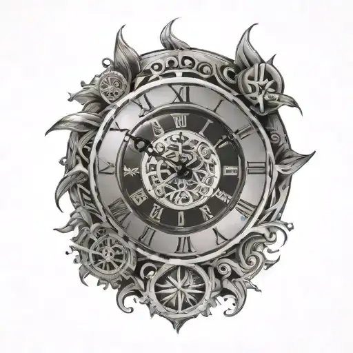 Tribal clock with the words every second counts in arabic tattoo design idea