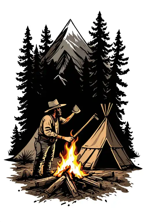 forest and mountain scene featuring tent and campfire and a hillbilly licking a muddy shovel by the campfire  tattoo design idea