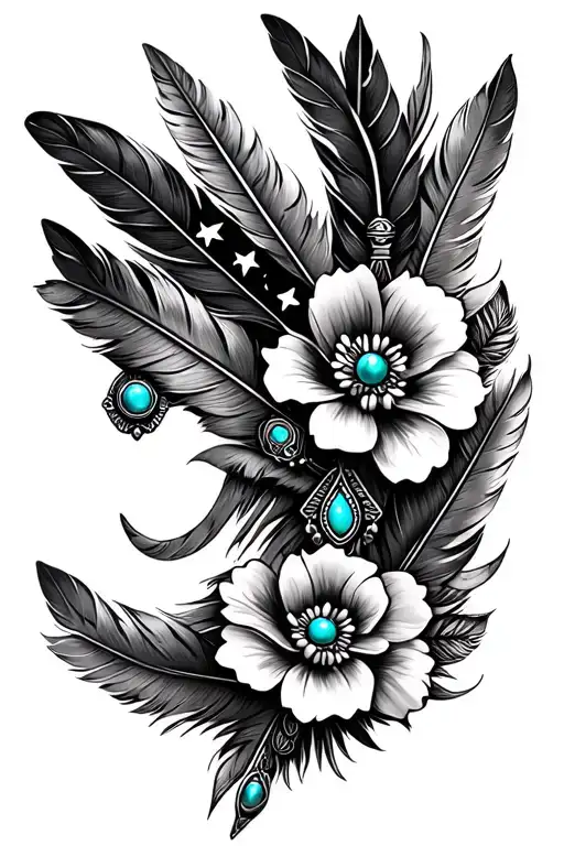 multiple feathers, american flag,and turquoise western jewelry, flowers, aztec pattern tattoo design idea