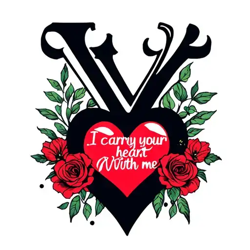 "I carry your heart with me" Initial V incorporated within heart tattoo design idea
