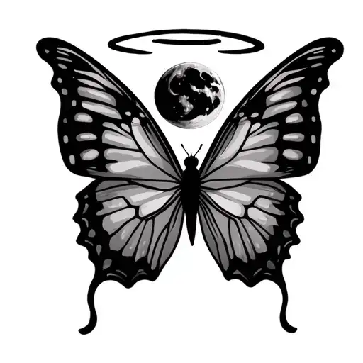 butterfly with a halo flying to the moon tattoo design idea