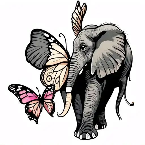 elephant and butterfly  tattoo design idea