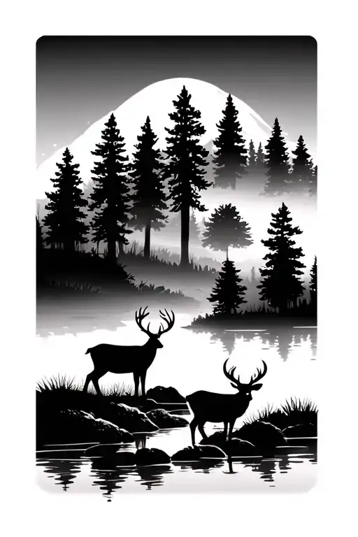 forest landscape with pond and two deer tattoo design idea
