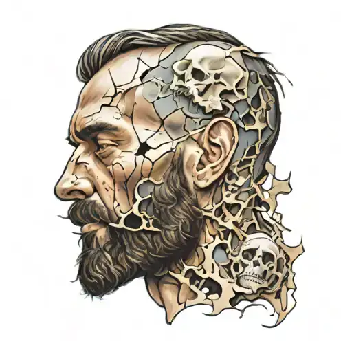 portrait of bearded man with shattered skull tattoo design idea