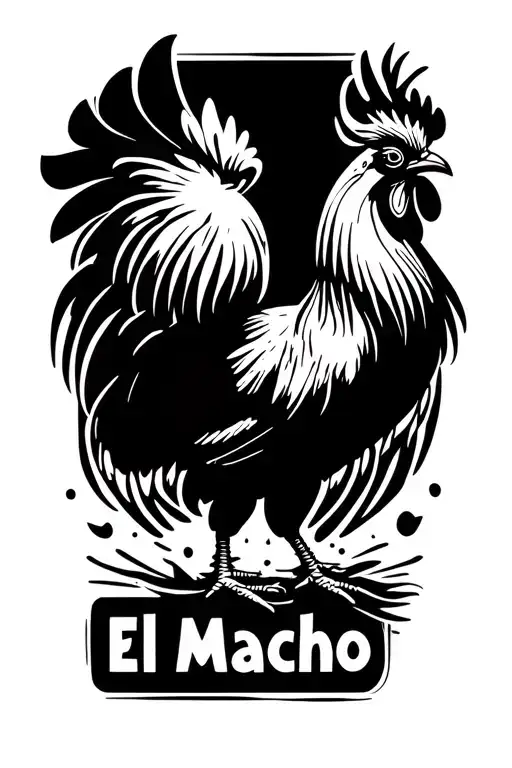 sexy rooster crowing in the air with one head and two legs with "El Macho" written below tattoo design idea