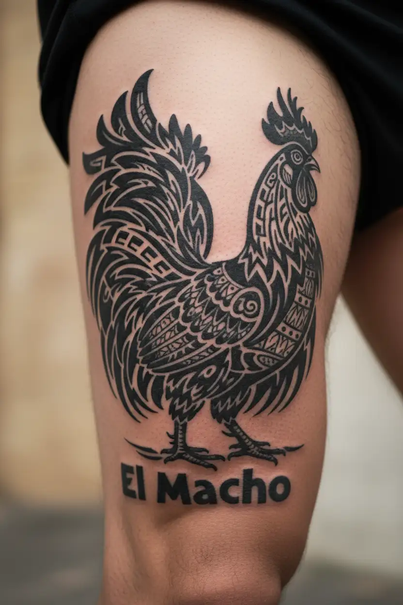 sexy rooster crowing in the air with one head and two legs with "El Macho" written below tattoo design idea