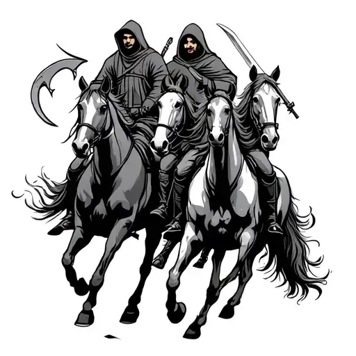 the four horsemen of the apocalypse riding horses, scythe, sword, bow and scales in hooded clothing  tattoo design idea