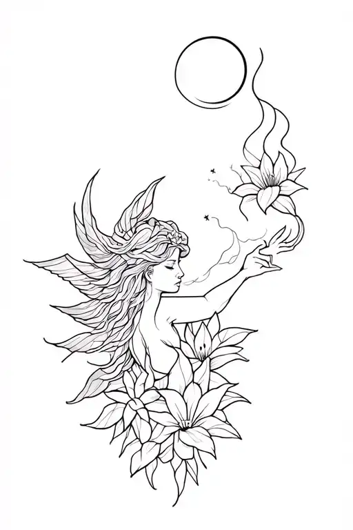 oo sleeve - geometric, traditional, back and greyMountains, lake, Medusa, woman smoking, lilys, thunderbird, sun, moon  tattoo design idea