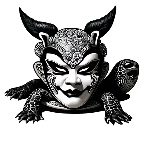 kabuki mask on turtle shell tattoo design idea