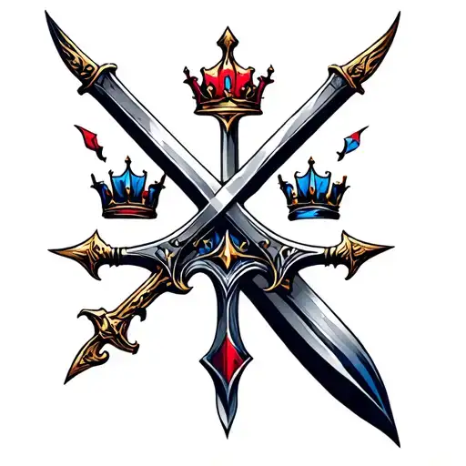 1 single sword  pointed down 3 crowns above. crowns coloured red, blue, navy. tattoo design idea