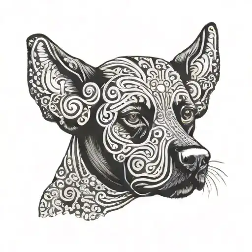 A black labrador wearing a traditional Italian carnival mask, surrounded by swirling patterns tattoo design idea