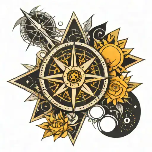 line star moon sun and compass rose tattoo design idea