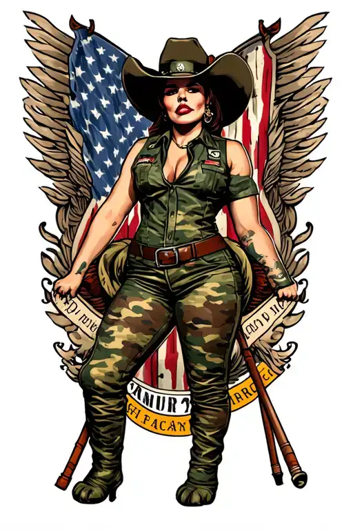 tattoo design of a PIN UP COWGIRL, US ARMY, camo colored clothing, full body view, standing with cane corso tattoo design idea