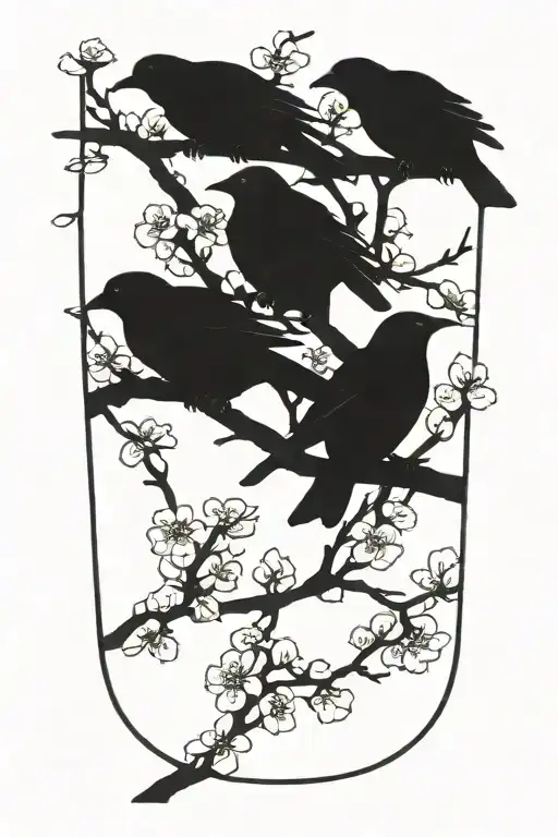 three small filled in black birds silhouetted against a horizontal cherry tree branch with blossoms.  tattoo design idea