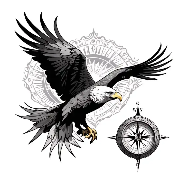 compass and eagle flying tattoo design idea