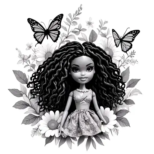 black Bratz doll with locs surrounded with flowers and butterflies  tattoo design idea