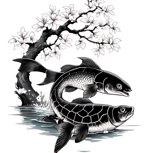 Left arm I want a mixture of Japanese cherry tree, carp koi, turtle tattoo design idea