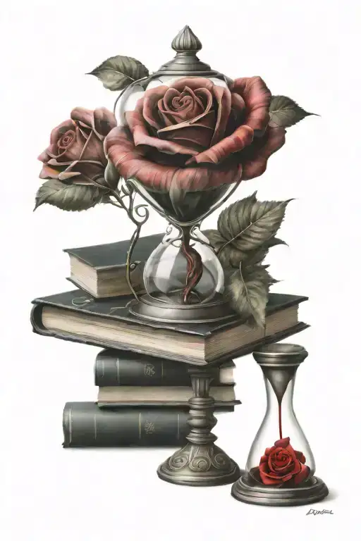 beauty and beast hour glass with red rose inside sitting on top of a stack of books  tattoo design idea