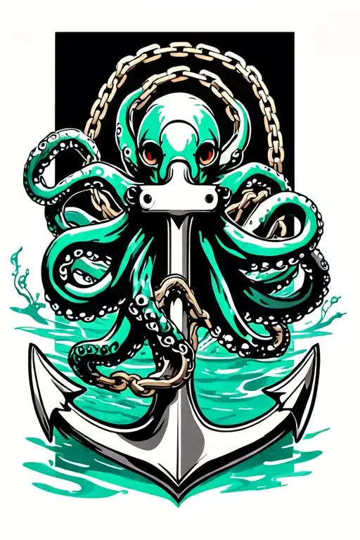 black and green octopus wrapped around anchor in water with broken chain tattoo design idea