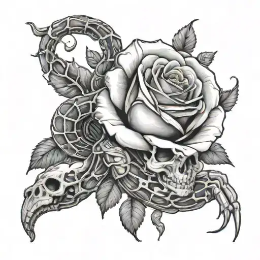 skeleton hand holding rose with snake wrapped around tattoo design idea