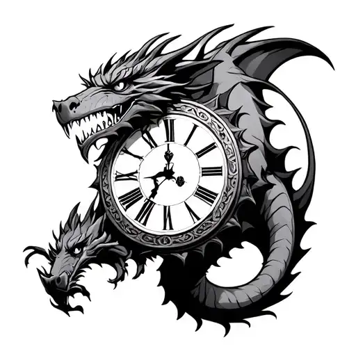 angry dragon whit roman clock surrounded tattoo design idea