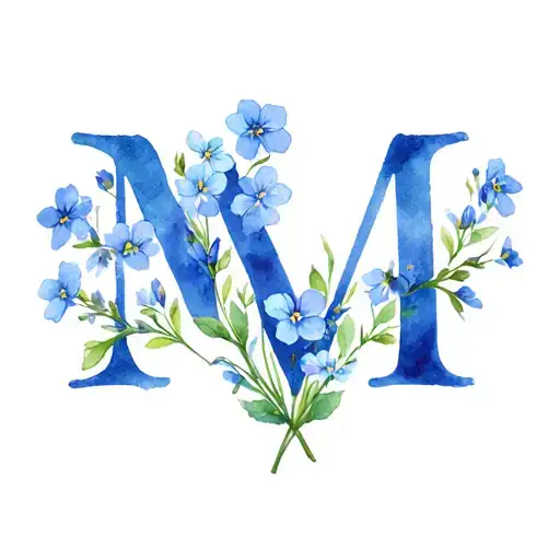 forget me not flowers with letter M tattoo design idea