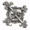 two skeleton arms reaching for each other shaped like key and a lock  tattoo design idea