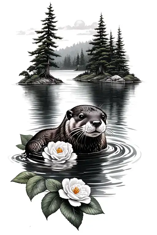 flowing river, cypress trees, river otter swimming, camellia flowers, small cross tattoo design idea