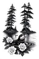 flowing river, cypress trees, river otter swimming, camellia flowers, small cross tattoo design idea