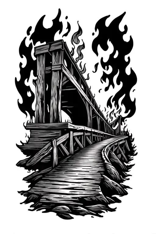old wooden bridge on fire tattoo design idea