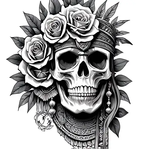 Skulls, Roses and Aztec God tattoo design idea