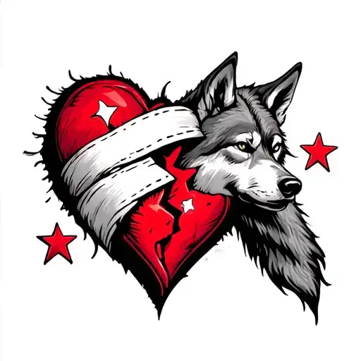 Love And Suddenly And Have A Broken Heart Wrapped In A Bandage And Three Stars Two Out Also Lone Wolf tattoo design idea