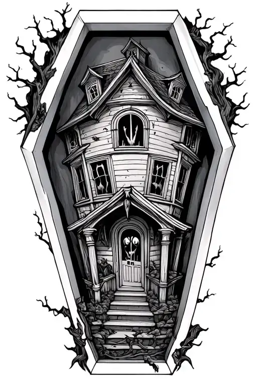 haunted house in coffin surrounded tattoo design idea