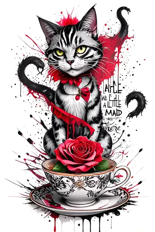 "We are all a little mad here"  evil cheshire cat with tail intertwined with tea cup and rose tattoo design idea